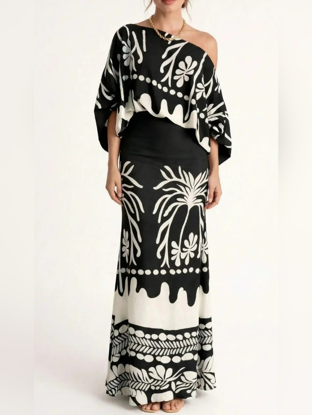 Tropical Resort 2 Piece Maxi Skirt Set Black White Boho Coastal Chic XL Chicme